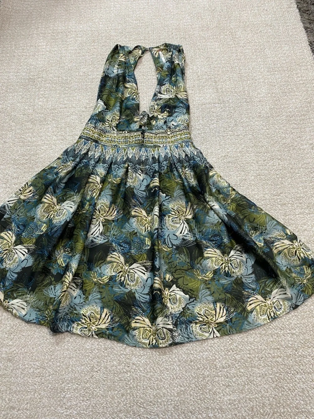 Free People Olive Green and Cream Floral Halter Mini Dress Size XS